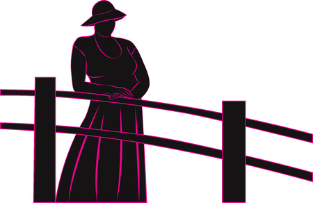 Silhouette of a woman on the bridge in a vintage hat, hands folded on the rails. Vector illustrationのイラスト素材
