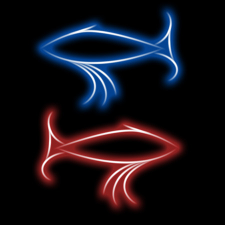 Two abstract fish on a black background, red and blueの写真素材