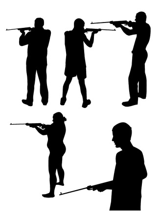 Set of silhouettes of people with gun, man and woman/ Vector illustrationのイラスト素材