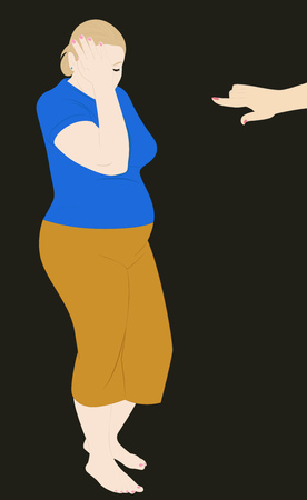 Hand points to a pregnant woman crying. Vector illustrationのイラスト素材