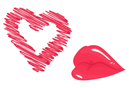 Lips in a kiss and drawn heart. Vector illustrationのイラスト素材
