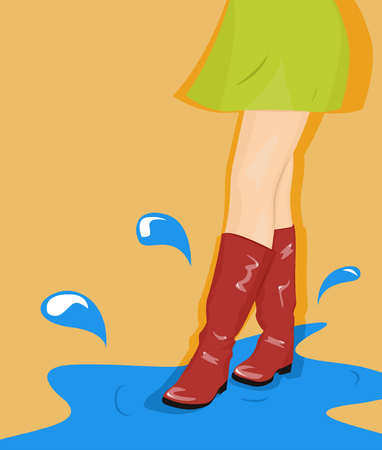 Girl in a green skirt and red boots goes through the puddles. Vector illustrationのイラスト素材