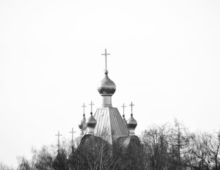 Domes of the Orthodox Church in the city Tartu, Estonia. Black and white photoの写真素材