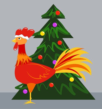 New Year's symbol - a rooster and Christmas tree. Vector illustrationのイラスト素材