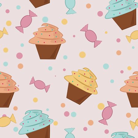 Seamless pattern. Background with cupcakes and candy. Vector illustrationのイラスト素材
