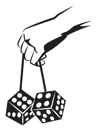 Hand holds the big dice. Black and white vector illustrationのイラスト素材
