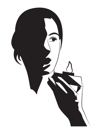 Girl is holding a candle. Black and white vector illustrationのイラスト素材