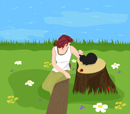 Girl sits on a log near a lake and strokes cat. Vector illustrationのイラスト素材