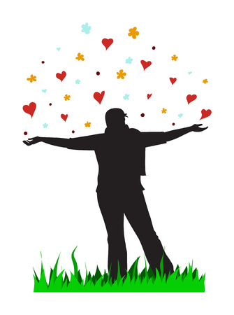 Silhouette of a plump girl throwing flowers and hearts. Vector illustrationのイラスト素材