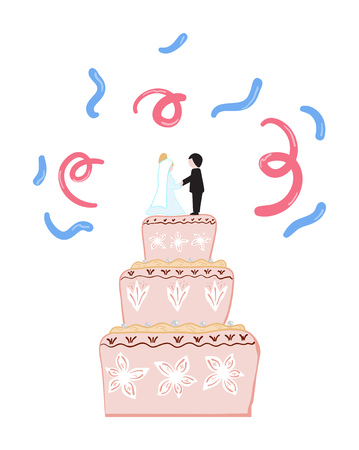 Pink wedding cake with figures of the bride and groom. Vector illustrationのイラスト素材
