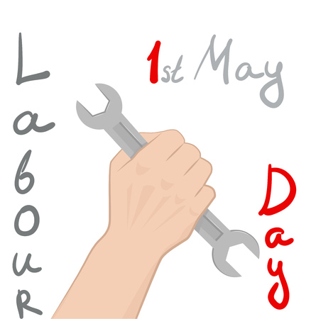 Poster Labor Day. Text and male hand with a wrench. Vector illustrationのイラスト素材