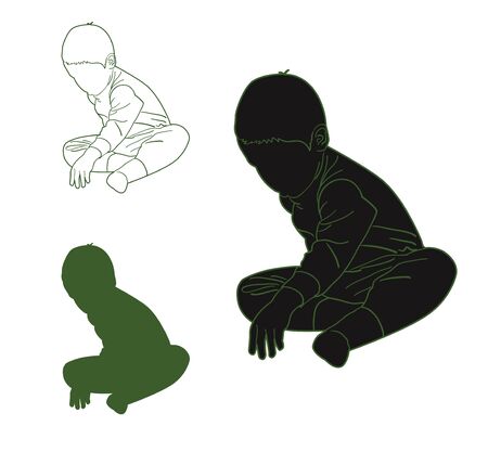 Set of the silhouettes and contours of child who sits cross legged. Vector illustrationのイラスト素材