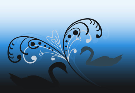 Silhouettes of swans and a beautiful ornate on a blackblue background. Vector illustrationのイラスト素材