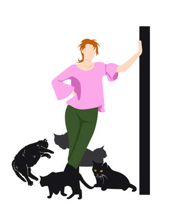 A girl and five cats. Vector illustrationのイラスト素材