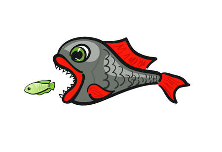 Predatory toothy fish wants to eat a small fish. Cartoon vector illustrationのイラスト素材
