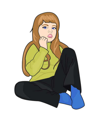 Scared little girl with big blue eyes. Cartoon vector illustrationのイラスト素材