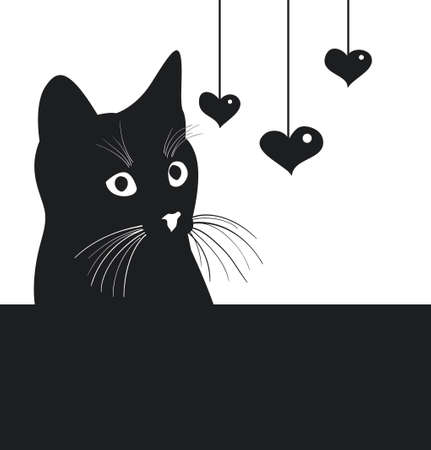 Black cat watching the hearts. simple vector illustrationのイラスト素材