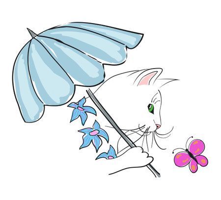 White cat with an umbrella and flowers, looking at a butterfly. Vector illustrationのイラスト素材