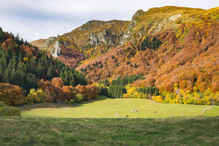 Autumn Mountain Landscape with Colorful Foliage and Rock Formationsの写真素材