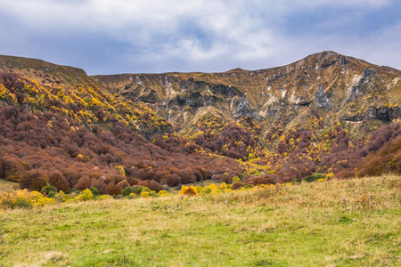 Autumn Mountain Landscape with Colorful Foliage and Rock Formationsの写真素材