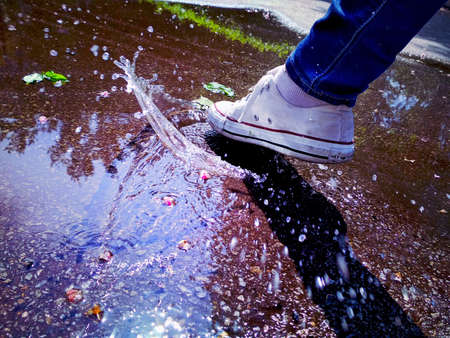 The feet of a girl in white sneakers splashing in a puddle.の写真素材