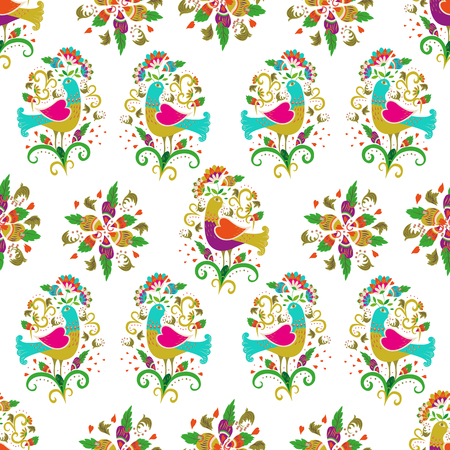 Colorful and ornate birds and flowers ethnic pattern. Seamless pattern on white background for embroidery and textile.のイラスト素材