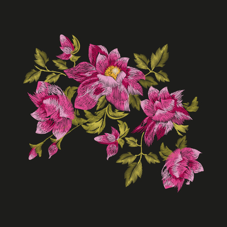 Embroidery colorful floral pattern. Vector traditional folk golden-daisy bush flowers ornament on black background.のイラスト素材
