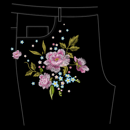Embroidery colorful jeans floral pattern with roses and forget me not flowers. Vector traditional folk flowers ornament on black background.のイラスト素材