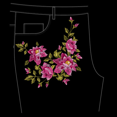 Embroidery colorful jeans floral pattern with dog roses. traditional folk flowers ornament on black .のイラスト素材
