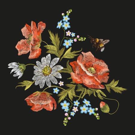 Embroidery colorful floral pattern with poppy and daisy flowers. traditional folk fashion ornament with chamomiles and bee on black layout.のイラスト素材