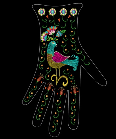 Embroidery colorful ethnic floral pattern on glove design. Vector traditional folk bird with flowers ornament on black background.のイラスト素材