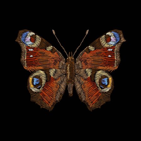 Embroidery traditional peacock butterfly design element for fashion.  Vector ethnic insect decoration isolated on black background.のイラスト素材