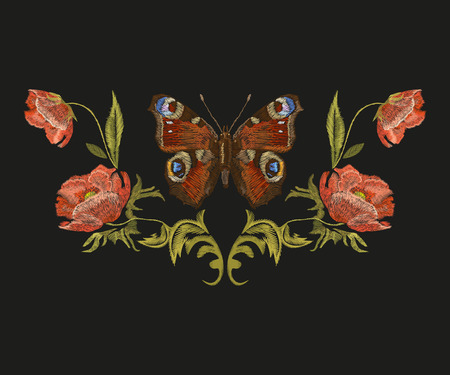 Embroidery colorful floral pattern with peacock butterfly. Vector traditional folk poppy flowers ornament on black background. Horizontal symmetrical composition.のイラスト素材