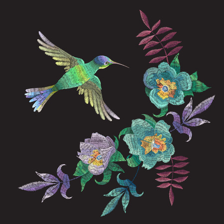 Embroidery fashion pattern with hummingbird and exotic flowers. Vector traditional folk floral ornament with bird on black background for clothing design.のイラスト素材