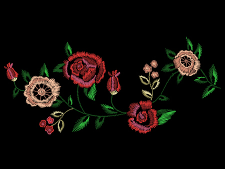 Embroidery native floral landscape pattern with simplified roses and forget me not flowers. Vector traditional folk ornament on black background for fashion design.のイラスト素材