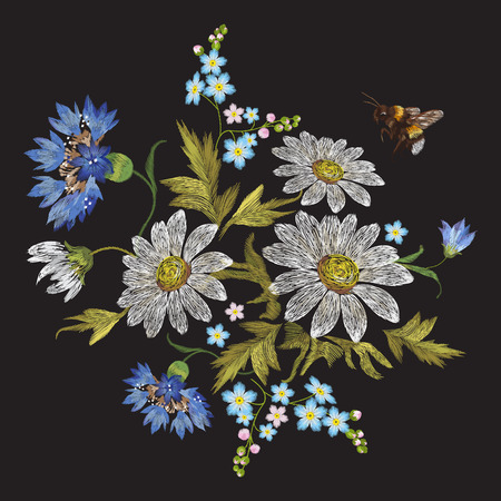 Embroidery trend floral pattern with chamomiles, cornflowers and bee. Vector embroidered folk flowers bouquet on black background for clothing design.のイラスト素材