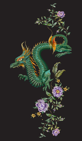 Embroidery oriental floral pattern with green dragon and roses. Vector ethnic folk  embroidered template with flowers and animal on black background for fashion design.のイラスト素材
