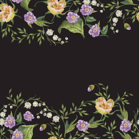 Embroidery trend seamless pattern with lilies of the valley and poppies. Vector  landscape traditional floral ornament on black background.のイラスト素材
