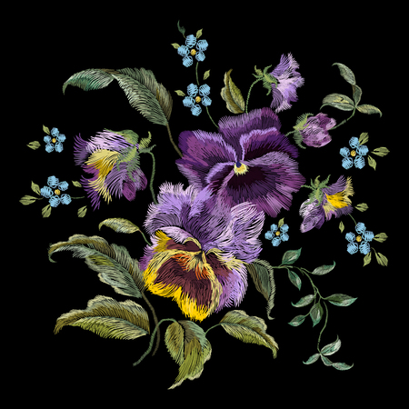 Embroidery colorful trend floral pattern with pansies and forget me not flowers. Vector traditional folk heartsease bouquet on black background for clothing design.のイラスト素材