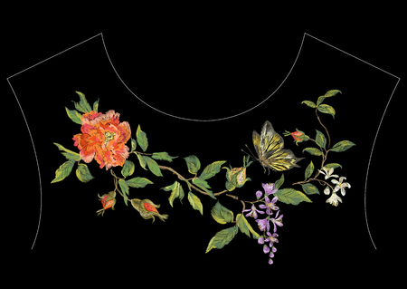 Embroidery ethnic neck line pattern with red peony, wisteria and butterfly. Vector traditional embroidered floral design with flowers on black background for fashion clothing.のイラスト素材