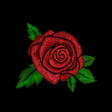 Embroidery trend ethnic floral pattern with red rose. Vector style traditional folk ornament with flower on black background for fashion design.のイラスト素材