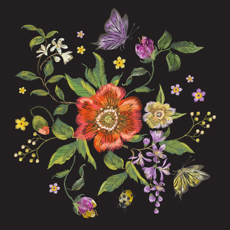 Embroidery colorful trend floral pattern with poppy, lilac and butterfly. Vector traditional folk flowers bouquet on black background for design.のイラスト素材