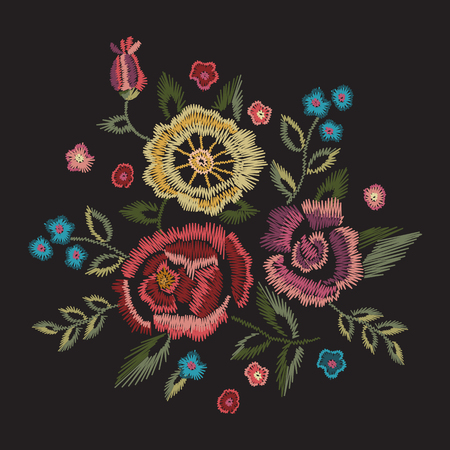 Embroidery native floral round pattern with simplified roses and forget me not flowers. Vector traditional easy ornament on black background for fashion design.のイラスト素材