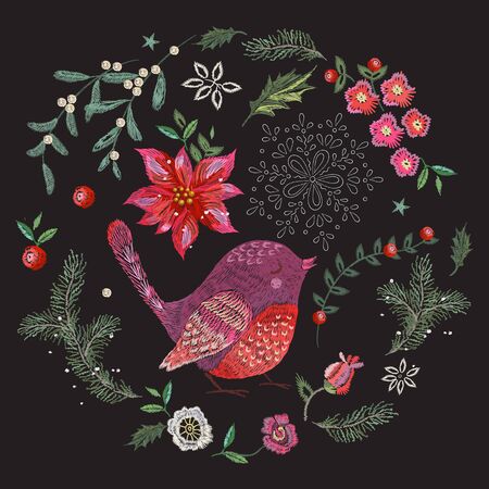 Embroidery christmas pattern with flowers, pine and bird. Vector embroidered new year floral elements for design.のイラスト素材