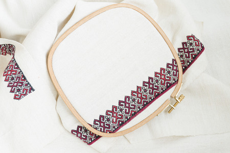 Fragment of embroidery on linen and accessoriesの写真素材