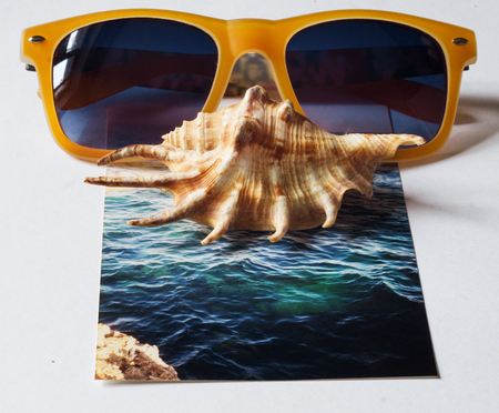 Yellow sunglasses, shell and pictures with the image of the sea on white surfaceの写真素材