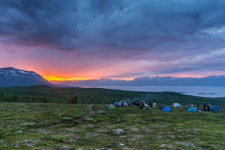 Tourist camp under the Midnight Sun in Abisko National Park, Swedenの写真素材