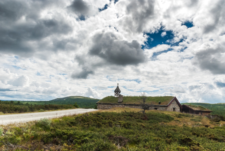 Grass Roof Church, Norway. Ancient traditional wooden hutsの写真素材