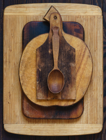 Wooden cutting boards of various sizes and shapesの写真素材