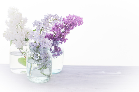 Branches of blooming multicolored lilac in glass jars on white wooden tableの写真素材